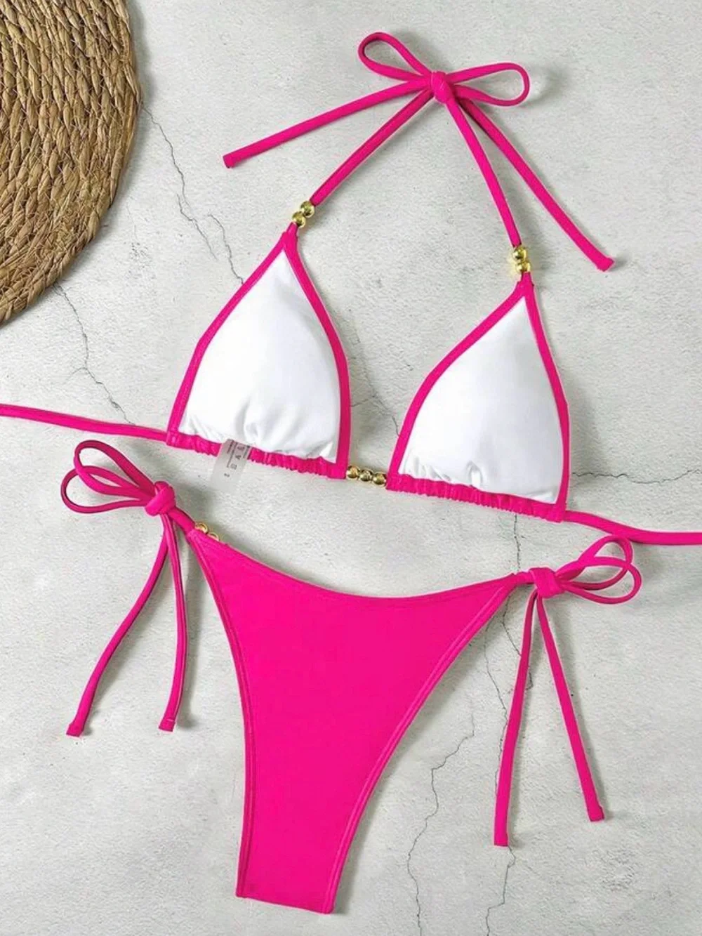 SHEIN Hot Pink Triangle Bikini with Gold Bead Accents